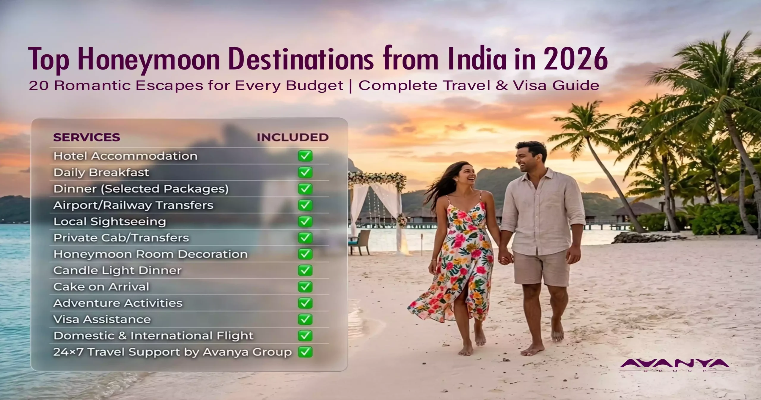 Top 20 Honeymoon Destinations from India in 2026, Romantic Getaways for Every Budget.