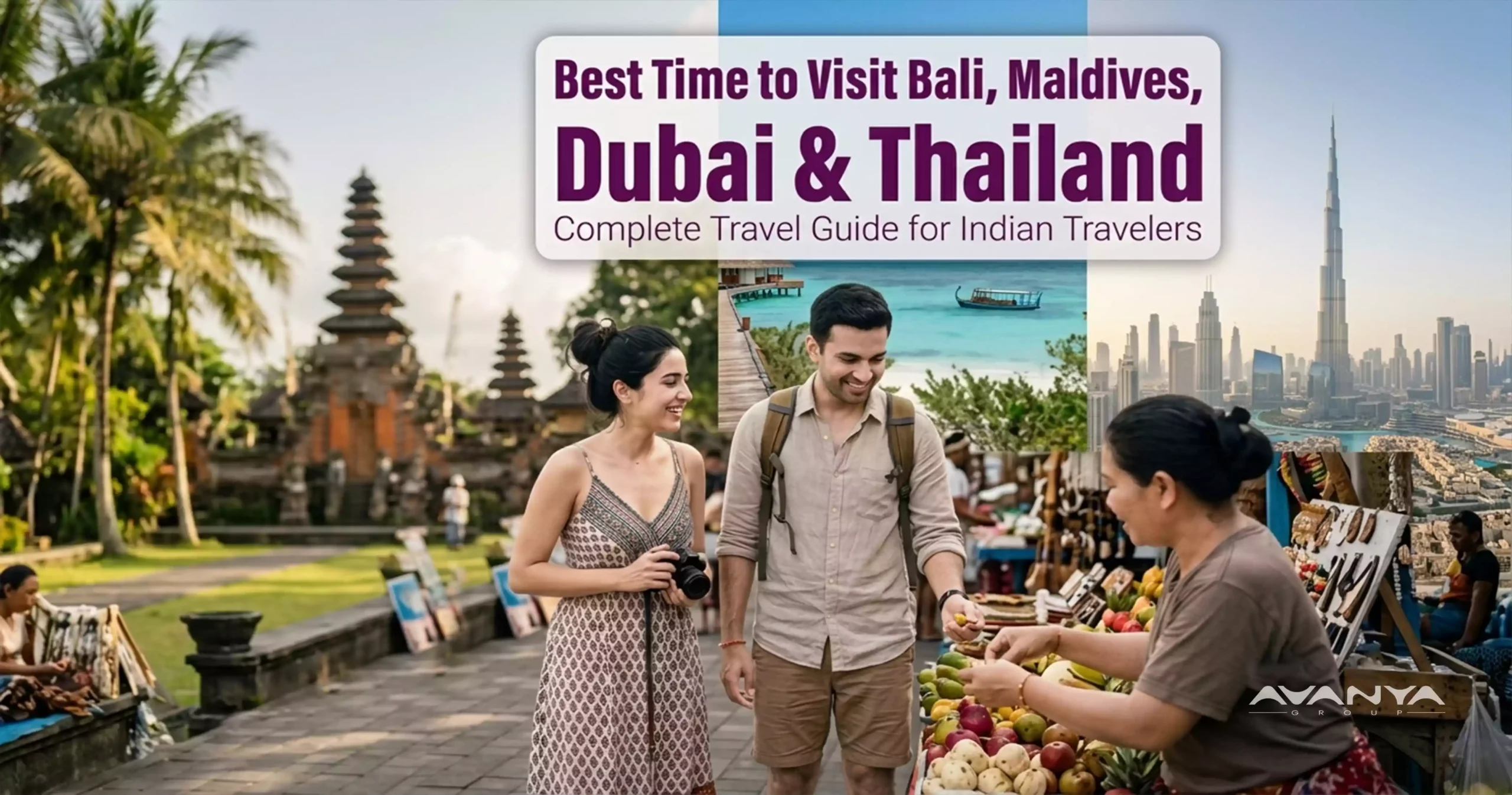 A traveling couple exploring a tropical market with scenic backgrounds combining a Balinese temple, Maldives turquoise waters, and the Dubai skyline with the Burj Khalifa.