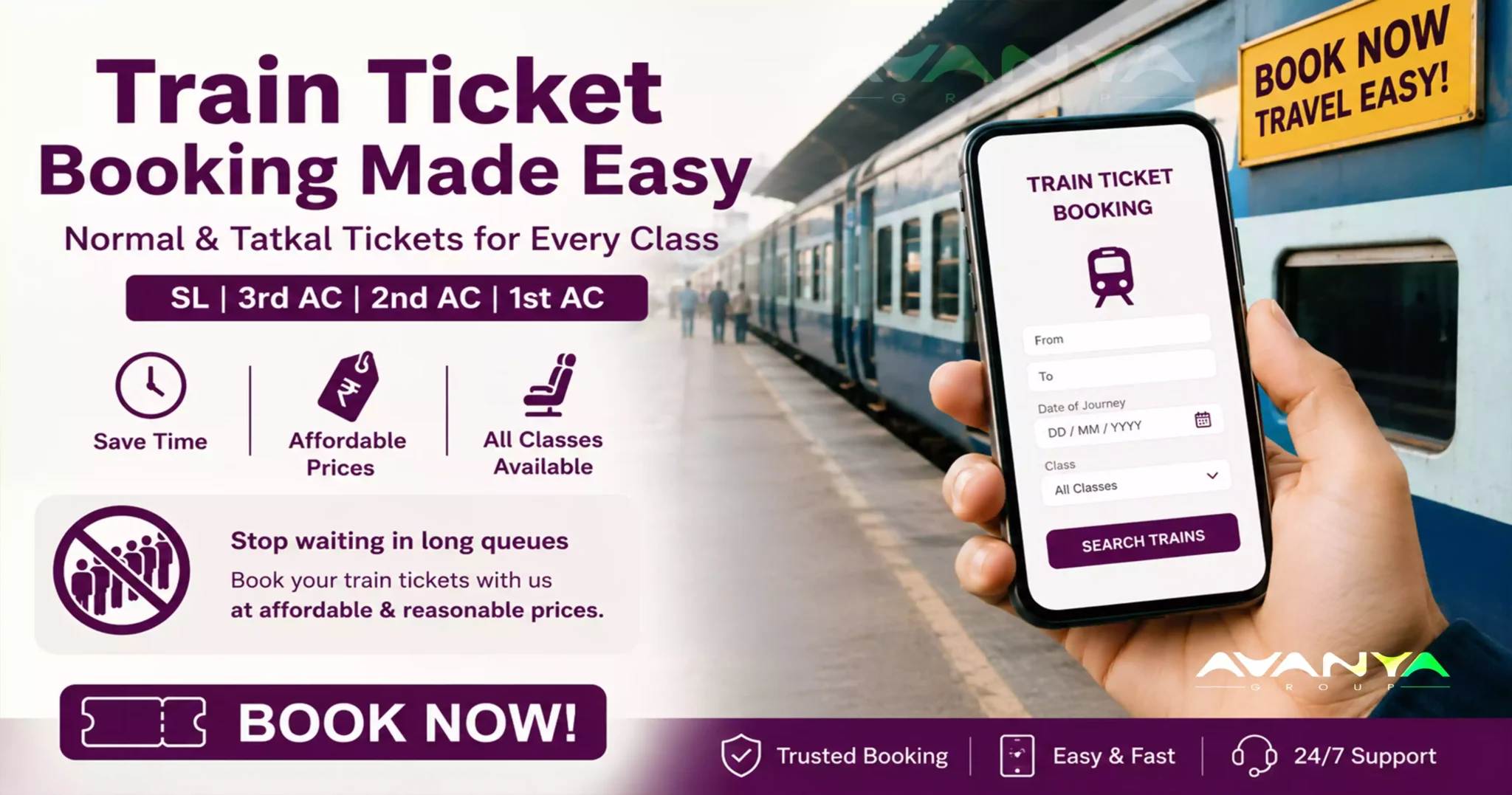Train Ticket Booking Made Easy: Normal & Tatkal Tickets for Every Class.